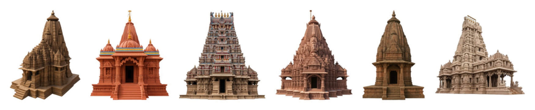 Hindu temple set including various Shikhara and Gopuram styles, intricate carvings, and colorful details isolated. Indian architecture collection.