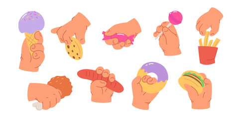 Children and junk food. Simple and cute illustration of kids hands holding lollipop, cookie, candy, donut for kids menu