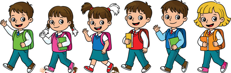PrintCartoon children walking to school with backpacks, books, and smiles – diverse group, educational theme, cheerful kids, colorful classroom concept