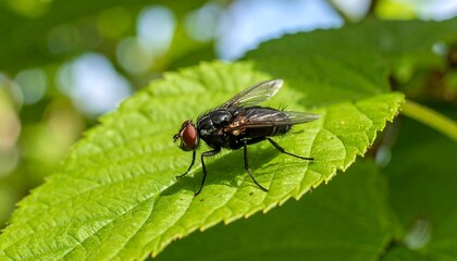 Naklejka premium Close-up of a fly on a vibrant green leaf (1)