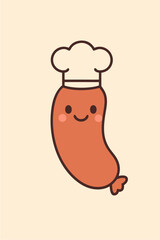 Adorable kawaii sausage character in a white chef hat ready for cooking