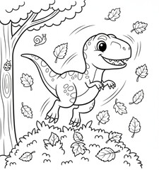 Cute Velociraptor Jumping in Leaf Pile Coloring Page Vector