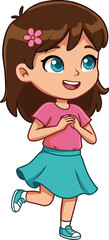 PrintCute cartoon girl running with smile and flower in hair, ideal for education, children’s content, fun, and character illustrations.