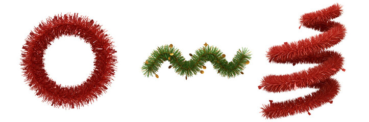 Festive holiday decorations including red tinsel wreath and garland with pine and gold accents with transparent background