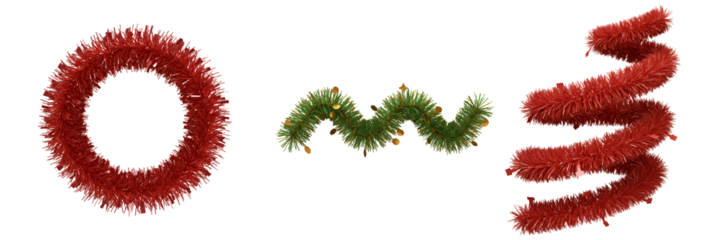 Festive holiday decorations including red tinsel wreath and garland with pine and gold accents with transparent background