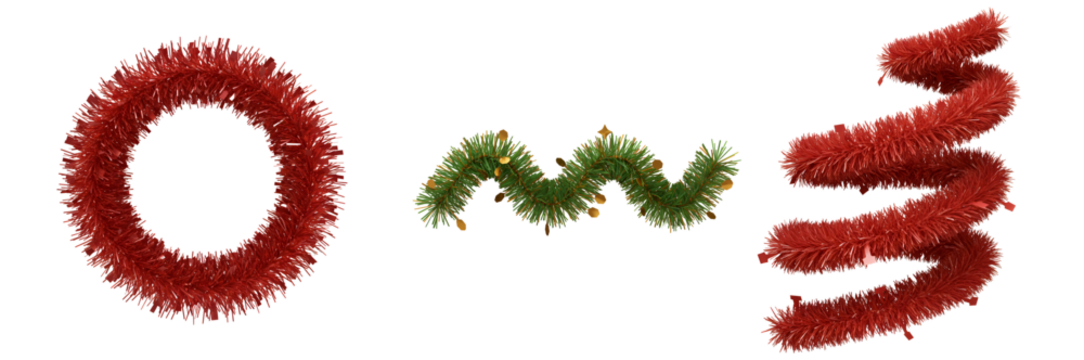 Festive holiday decorations including red tinsel wreath and garland with pine and gold accents with transparent background