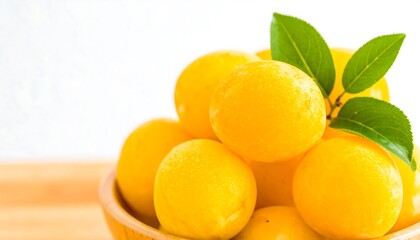 Fresh yellow plums in a wooden bowl