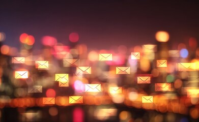 Emails with blurred city abstract lights background. High quality