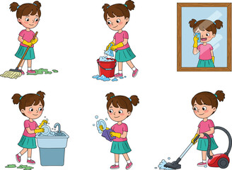 PrintLittle Girl Doing Cleaning Chores – Mopping, Washing Dishes, Scrubbing, Mirror Cleaning, Vacuuming – Cute Household Work Vector Illustration