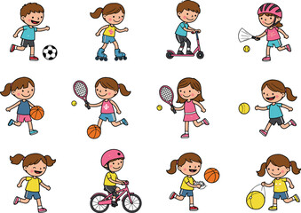 PrintSet of Active Children Playing Outdoor Sports Including Running, Biking, Roller Skating, Tennis, Football, Basketball, and Other Games