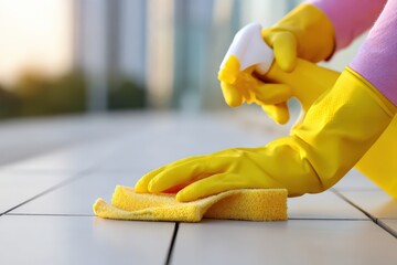 Kneeling person scrubbing outdoor patio with yellow sponge and cleaner Generative AI