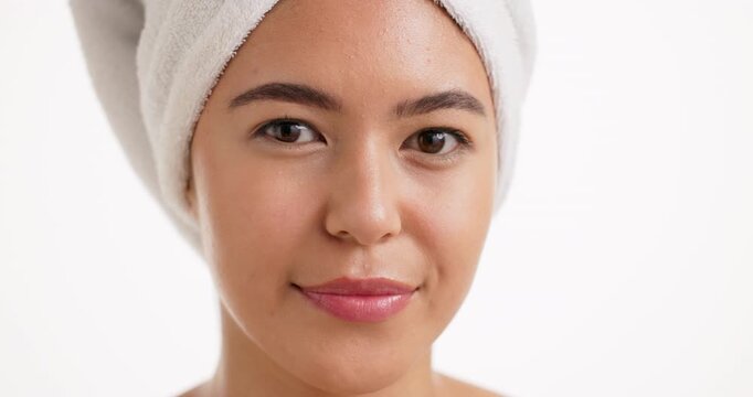 Face, skincare and woman with eye patch, studio and facial treatment for hydration and mockup space. White background, Asian person and cosmetics with anti aging benefits, dermatology and self care