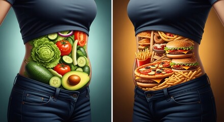Comparison of a healthy diet versus an unhealthy diet shown on a woman's torso in a split image