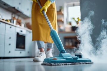 Steam mop cleaning kitchen floor during daylight hours Generative AI