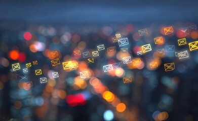 Emails with blurred city abstract lights background. High quality