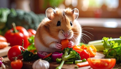 A cute hamster enjoys a healthy, colorful assortment of fresh vegetables.