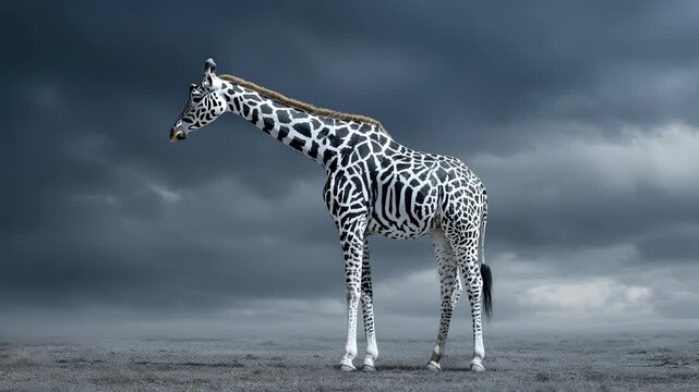 A giraffe with zebra-like black and white stripes standing under cloudy sky.