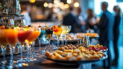 A vibrant display of colorful cocktails and gourmet snacks at a stylish event, creating an inviting atmosphere for guests.