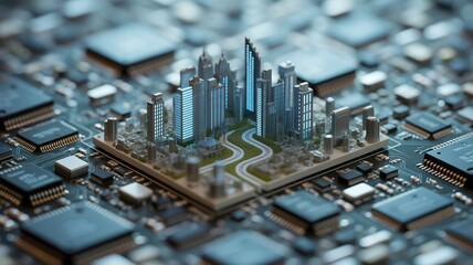 Futuristic city rising from a cutting-edge circuit board, representing technology and urban innovation