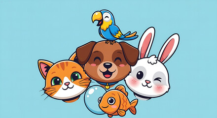 Cheerful Cartoonish Domestic Animal Group Head Mascot Illustration for Children