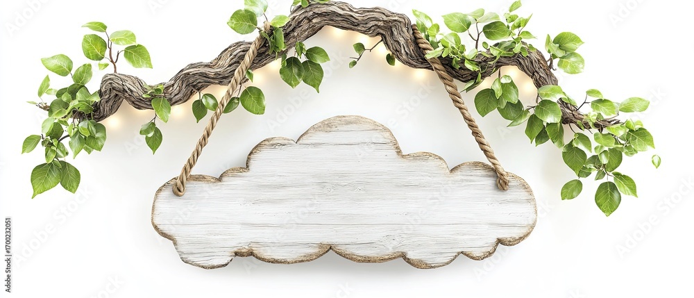 Poster elegant rustic cloud-shaped wooden sign hanging from a leafy branch with subtle lighting creating