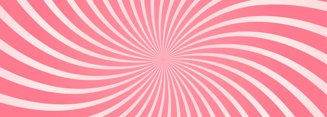 Fototapeta premium Candy color sunburst background. Abstract pink cream sunbeams design wallpaper. Colorful spinning lines for template, banner, poster, flyer. Sweet rotating cartoon swirl or whirlpool. Vector backdrop