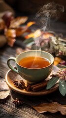 Steaming cup of tea with cinnamon sticks and dry leaves on rustic wooden table
