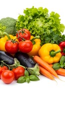 Fresh vegetables assortment on white background shows healthy eating and lifestyle choices for all ages