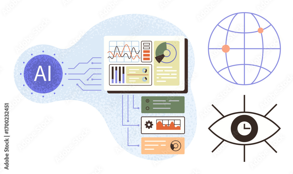 Poster ai dashboard analyzing data with graphs, global network connectivity lines, and visual insight repre