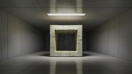 A low-angle shot shows a hollow concrete cube in a stark, gray room. A single fluorescent light fixture is visible above, creating a sense of minimalistic isolation.