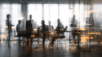 Long exposure shot of group of people in a meeting room, business concept. High quality