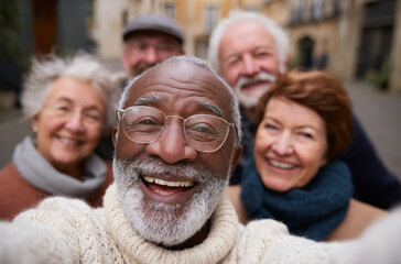 Happy senior group of friends taking joyful selfie outdoor together