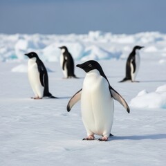 Naklejka premium Adelie penguins standing on ice floe in Antarctica with a bright blue sky above