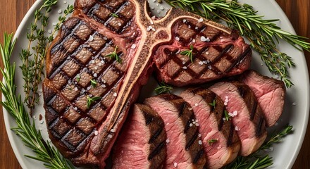 Grilled t bone steak with rosemary and thyme on a plate ready to be served and enjoyed
