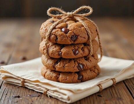 Delicious chocolate chip cookies stacked and tied with twine on a rustic wooden surface