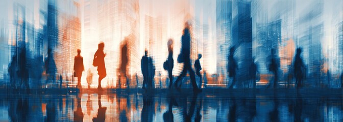 Silhouettes of people walking in the street near skyscrapers and modern office buildings. Multiple exposure blurred image. Economy, finances, business concept illustration. Conseptual. High quality
