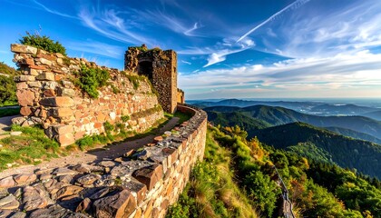 A magnificent ancient stone fortress stands sentinel over a vast panorama of rolling hills and valleys beneath a clear blue sky.