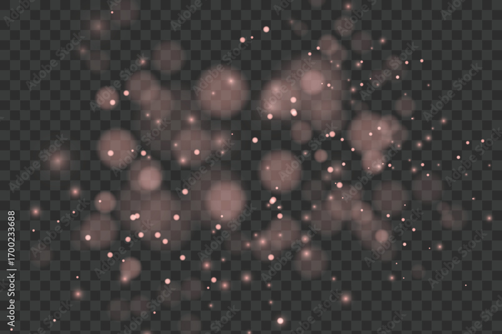 Poster sparkling golden particles, glowing bokeh lights isolated on dark transparent background