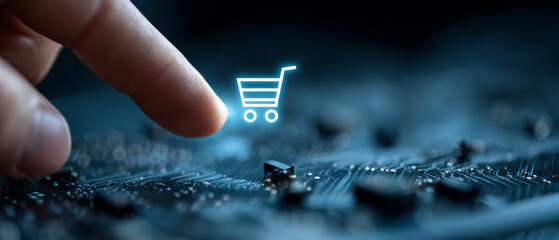 Person finger touching glowing digital shopping cart icon for e commerce