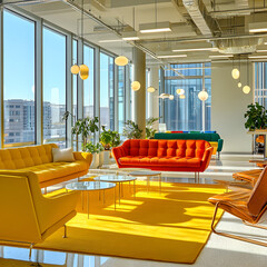 Mid-century modern office lounge with colorful sofas and yellow carpet, retro design, stylish vibe.