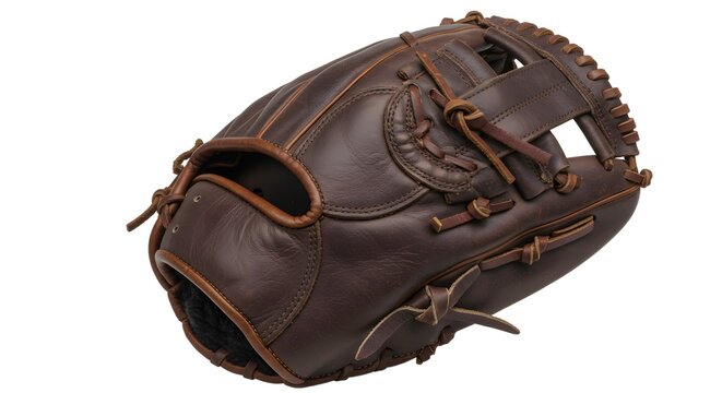Classic Dark Brown Leather Baseball Glove Isolated on White Background - Essential Sports Equipment for Catching and Play