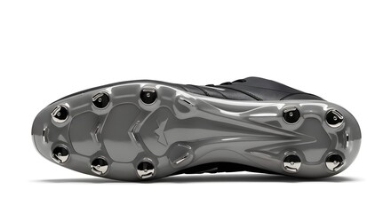 Sleek Black and Silver Soccer Cleat Sole with Metallic Studs, Underside View of Football Boot on White Background, Athletic Footwear for Sports