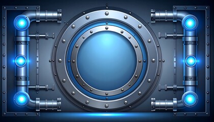 Fototapeta premium A metallic, futuristic door design features circular, light-blue accents, and steel pipes.