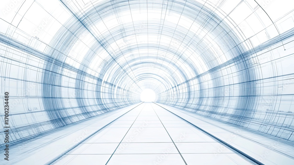 Poster futuristic tunnel perspective with geometric lines and bright light at the end of the way