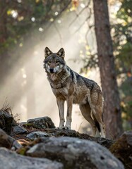 Majestic Wolf Portrait in Forest Sunlight Captivating Gaze of Wildlife