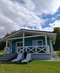 a sample blue house in Scandinavian style