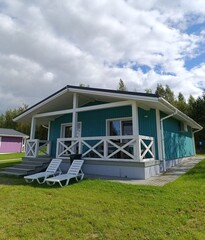 a sample blue house in Scandinavian style