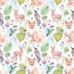 Obraz premium Whimsical woodland pattern featuring deer, foxes, hummingbirds, and foliage elements, seamless pattern, Stock royalty image.