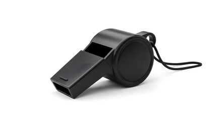 Black Plastic Whistle with Lanyard Isolated on White Background for Sports, Coaching, and Safety Signaling