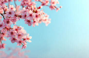 Obraz premium Beautiful pink cherry blossom flower in spring against serene blue sky background